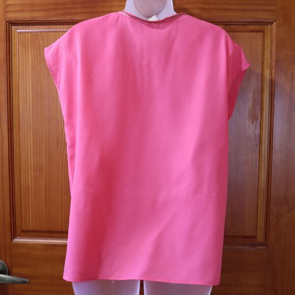 Michael Michael Kors Hot Pink Gold Zip V-Neck Blouse Relaxed Cap Sleeve Medium - Picture 7 of 10